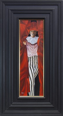 Lot 548 - IN MY NEW STRIPED TROUSERS AND RED HAT, AN OIL BY ALAN KING