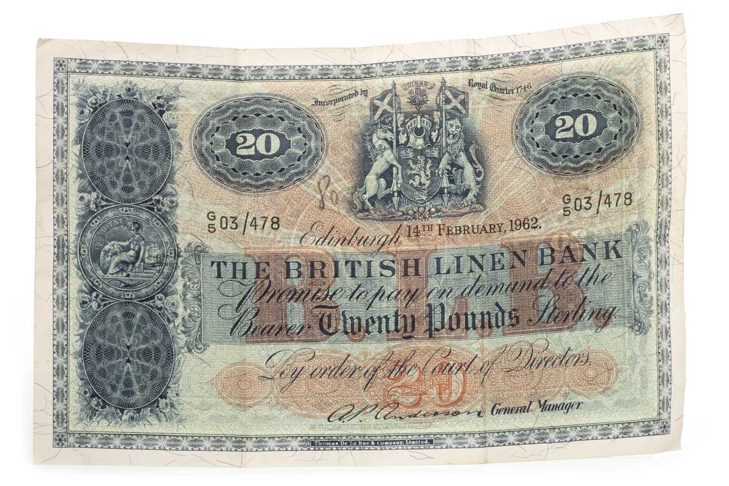 Lot 556 - A THE BRITISH LINEN BANK £20 NOTE