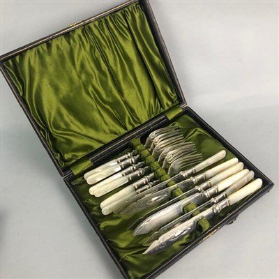 Lot 106 - A CASED SET OF TWELVE SILVER TEASPOONS AND TONGS AND THREE CASED SETS OF PLATE