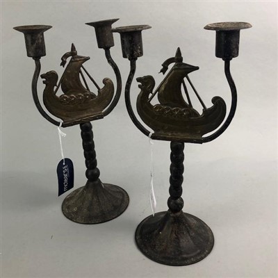 Lot 124 - A PAIR OF ARTS & CRAFTS STYLE CANDELABRA