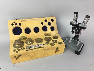 Lot 125 - A LOT OF TWO SOVIET ERA VOLTMETERS, A MICROSCOPE AND A SET OF JEWELLER'S WEIGHTS