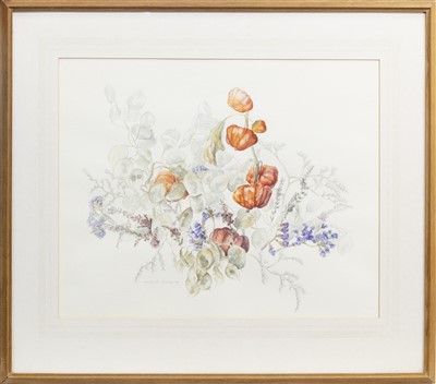 Lot 642 - FLORAL STILL LIFE, A WATERCOLOUR BY JANE WORMELL