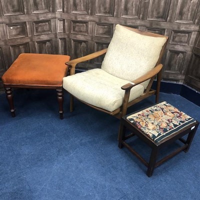 Lot 307 - A RETRO ARMCHAIR AND TWO UPHOLSTERED STOOLS