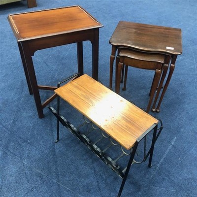Lot 300 - A NEST OF THREE MAHOGANY TABLES, A MAGAZINE RACK AND AN OCCASIONAL TABLE