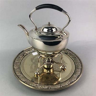 Lot 272 - A SILVER PLATED SPIRIT KETTLE ON STAND AND A PLATED TRAY