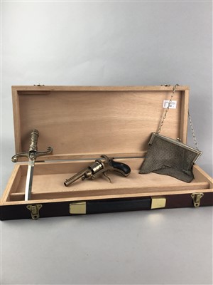 Lot 284 - A VINTAGE RULE, DECORATIVE DAGGER AND PISTOL AND A CHAIN LINK PURSE