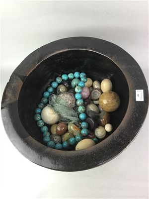 Lot 287 - A LARGE CERAMIC PLANTER, A STONEWARE PLATE AND DECORATIVE EGGS AND BEADS