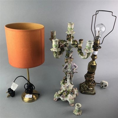 Lot 290 - A HANDPAINTED STONEWARE VASE, THREE TABLE LAMPS AND A FIGURAL CANDLESTICK