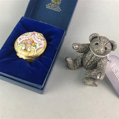 Lot 66 - A SILVER SEATED TEDDY BEAR AND A HALCYON DAYS BOX