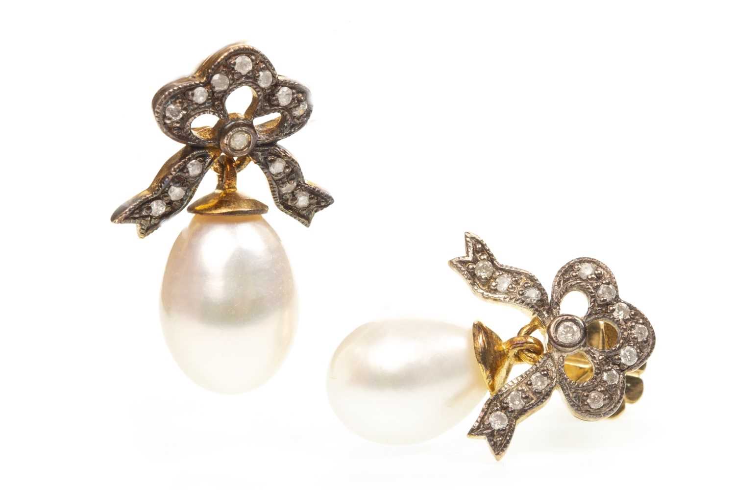 Lot 108 - A PAIR OF PEARL AND DIAMOND EARRINGS