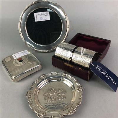 Lot 145 - A SILVER CIGARETTE CASE ALONG WITH A PHOTOGRAPH FRAME, CIGARETTE CASE AND PIN DISH