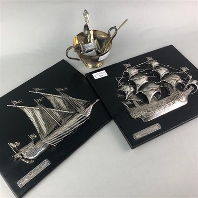 Lot 216 - A LOT OF TWO WALL HANGINGS OF SHIPS AND A SMALL GROUP OF SILVER PLATED ITEMS