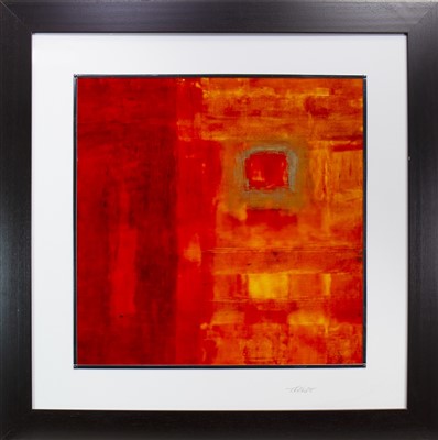 Lot 636 - COMPOSITION IN RED, A MIXED MEDIA BY TOMMY FITCHET