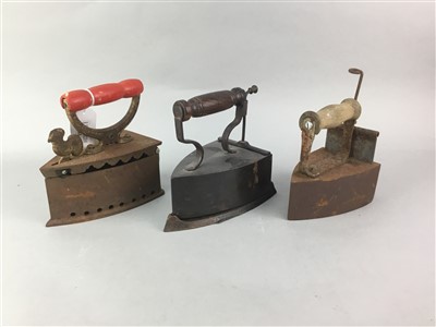 Lot 161 - A LOT OF THREE VICTORIAN BOX IRONS, KETTLE AND PLATED POTS