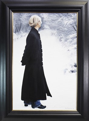 Lot 652 - BLACK COAT IN THE SNOW, AN OIL BY GERARD BURNS