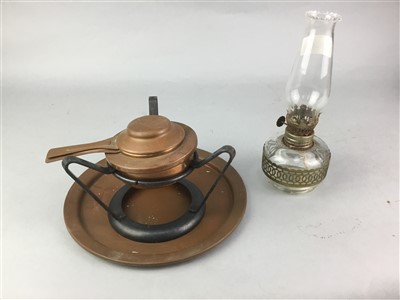 Lot 320 - A VINTAGE MINERS LAMP, MINIATURE OIL LAMP, COPPER POT AND PLATE AND A MINIATURE BURNER