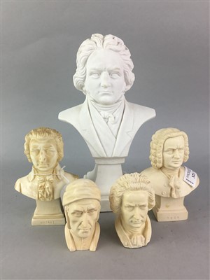 Lot 321 - A COMPOSITE BUST OF BEETHOVEN AND RESIN MINIATURE BUSTS