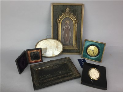 Lot 233 - A PORTRAIT SILHOUETTE, AN INDIAN PAINTING, A TIMEPIECE AND TWO DECORATIVE PANELS