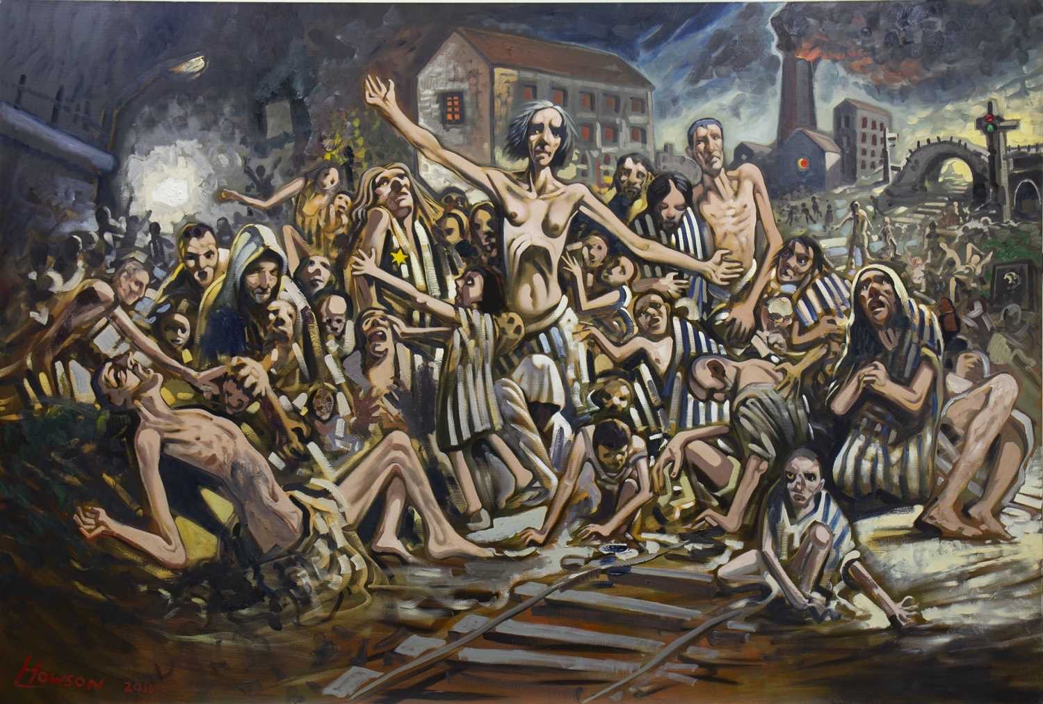 Lot 714 - HOLOCAUST CROWD SCENE I, AN OIL BY PETER HOWSON