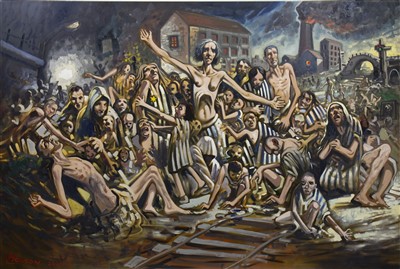 Lot 714 - HOLOCAUST CROWD SCENE I, AN OIL BY PETER HOWSON