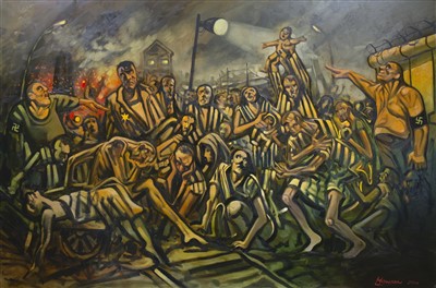 Lot 715 - HOLOCAUST CROWD SCENE II, AN OIL BY PETER HOWSON
