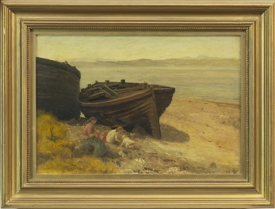 Lot 512 - BEACHED BOAT WITH FIGURES, AN OIL BY ALEXANDER KELLOCK BROWN