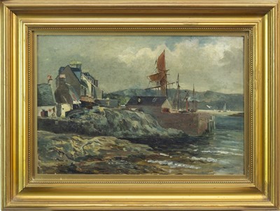 Lot 671 - HARBOUR SCENE, AN OIL ON CANVAS