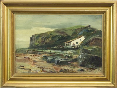 Lot 116 - COASTAL SCENE WITH COTTAGE, AN OIL