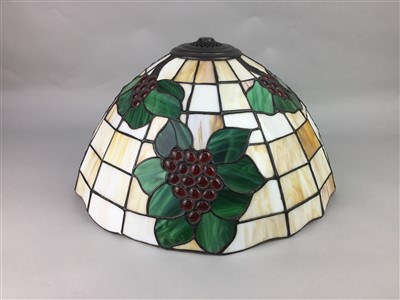 Lot 120 - A TIFFANY STYLE TABLE LAMP AND TWO OTHER LAMPS WITH COLOURED GLASS SHADES