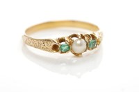 Lot 114 - VICTORIAN PEARL AND EMERALD THREE STONE RING...