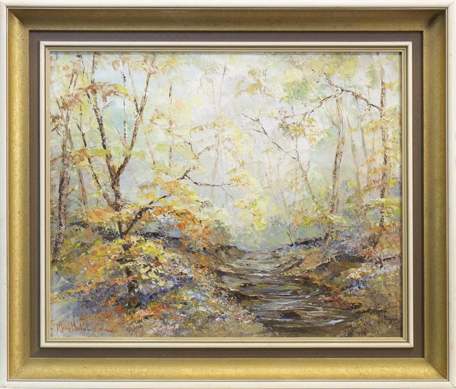 Lot 695 - WOODLAND, SCENE, AN OIL BY MAY HUTCHISON