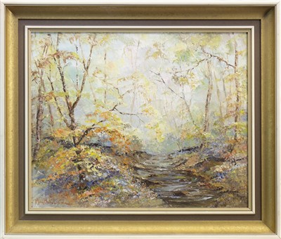 Lot 695 - WOODLAND, SCENE, AN OIL BY MAY HUTCHISON