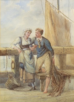 Lot 687 - YOUNG COUPLE OF A PIER, A WATERCOLOUR BY ARTHUR DURAND