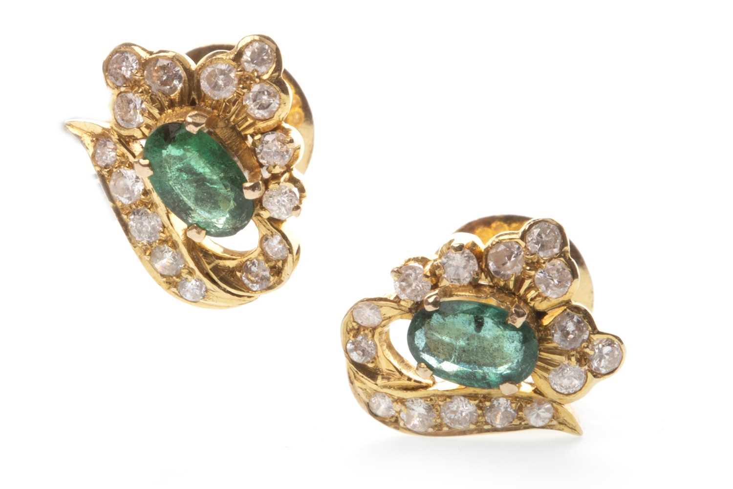 Lot 17 - A PAIR OF GREEN GEM AND DIAMOND EARRINGS