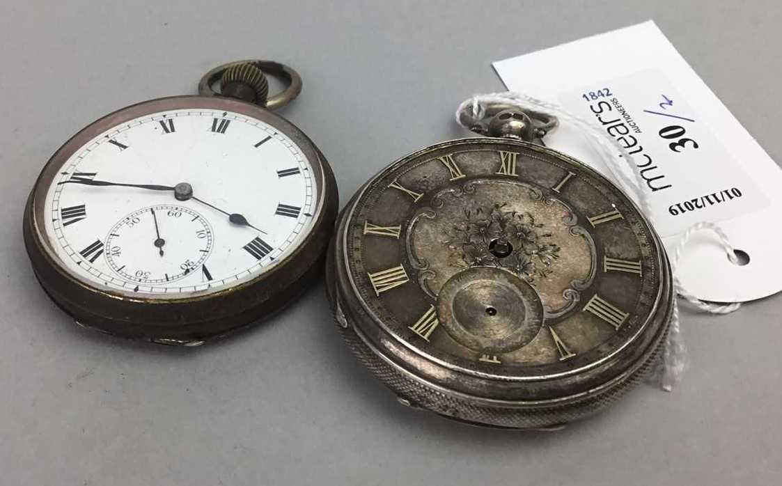Lot 30 - A SILVER CASED POCKET WATCH ALONG WITH ANOTHER POCKET WATCH
