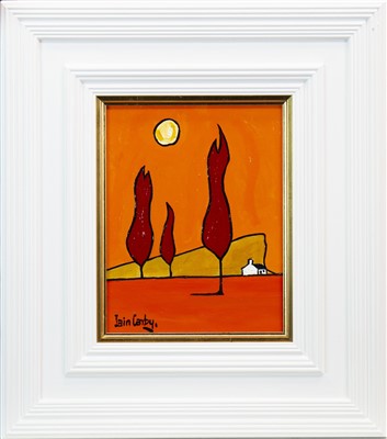 Lot 747 - THREE RED TREES AND THE MOON, AN OIL BY IAIN CARBY
