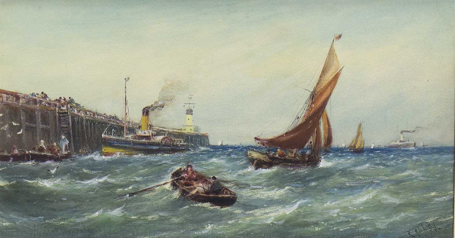 Lot 715 - BUSY LOWER THAMES SHIPPING SCENES, A PAIR OF WATERCOLOURS BY ROBERT MALCOLM LLOYD