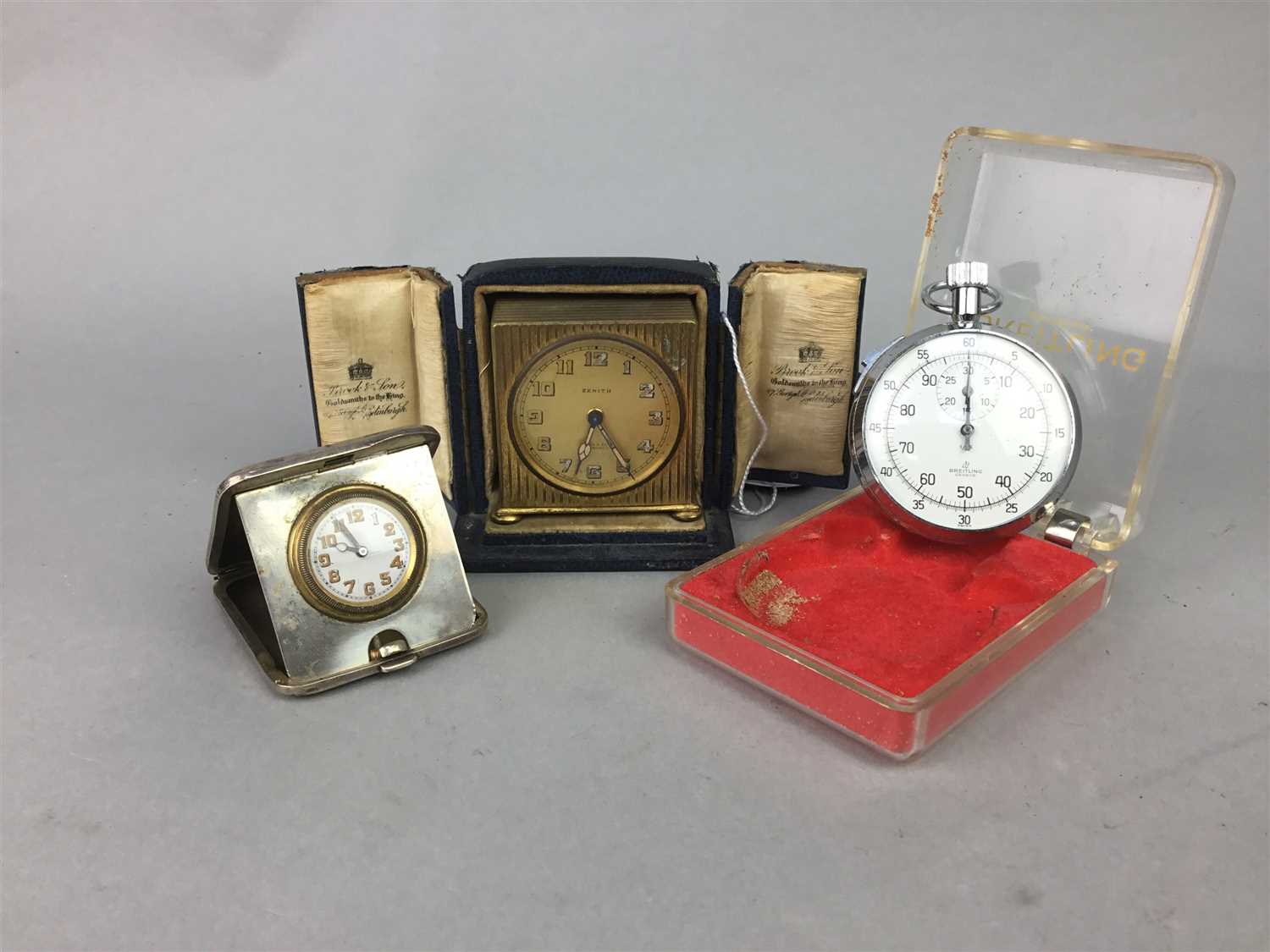 Lot 43 - A BREITLING STOP WATCH AND TWO TRAVEL TIMEPIECES