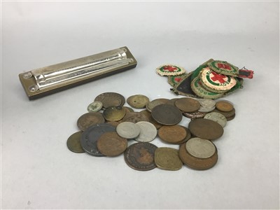 Lot 46 - A LOT OF COINS, SCOUT BADGES, HARMONICA AND BUTTONS