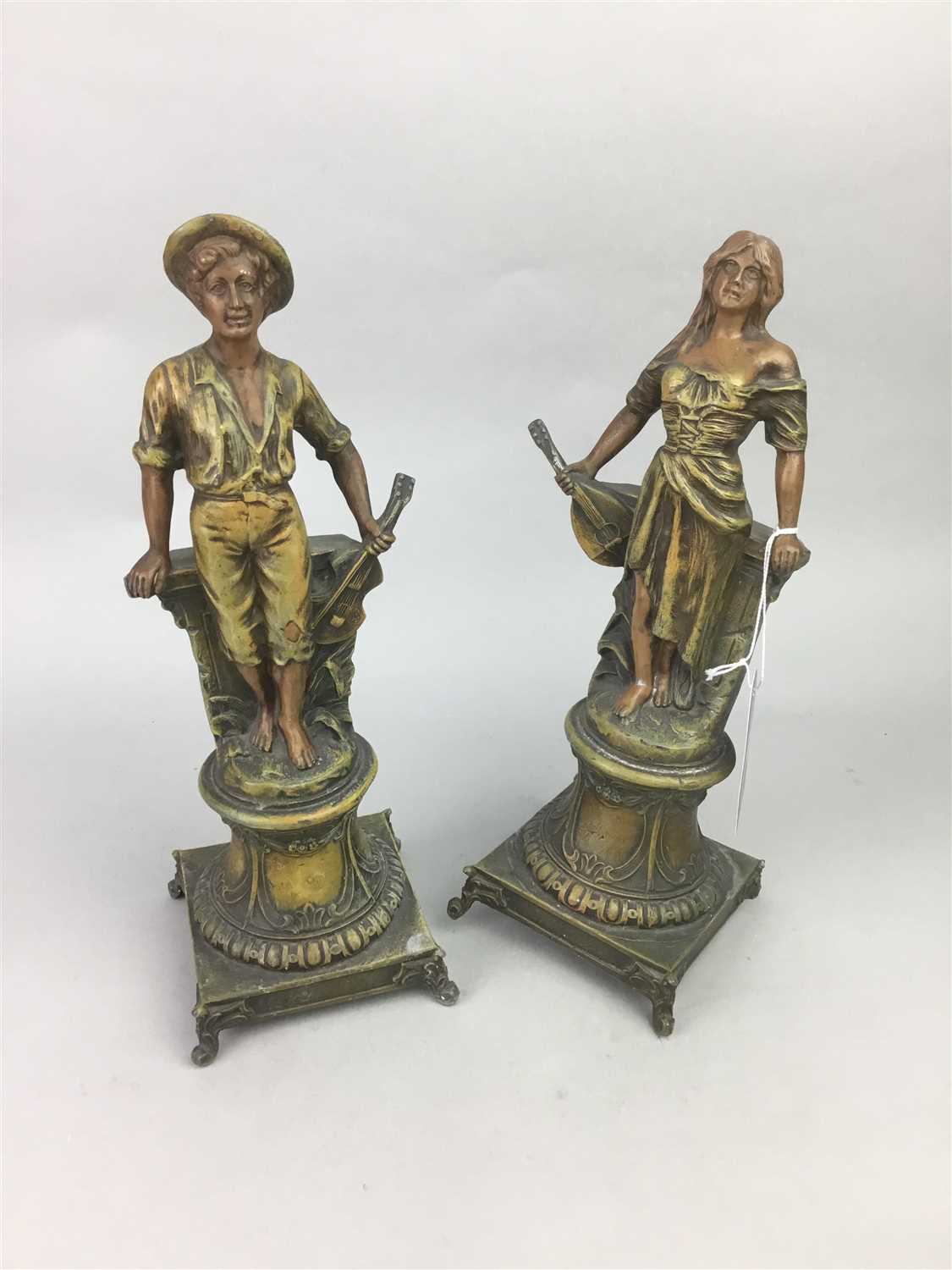 Lot 54 - A PAIR OF CAST METAL FIGURES OF YOUNG LOVERS, A SILVER PLATED SALVER AND A FIGURE GROUP