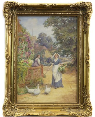 Lot 561 - TWO GIRLS WITH GEESE, A WATERCOLOUR BY WILLIAM F ASHBURNER