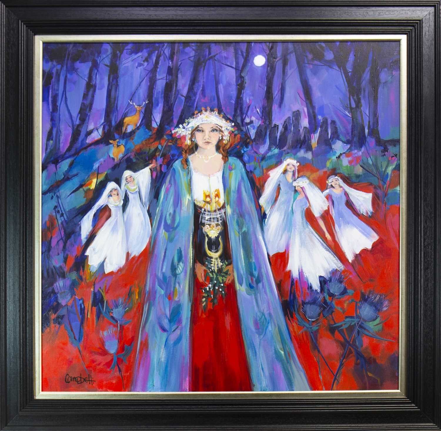 Lot 640 - THE DANCE OF THE DRUID MOON, AN ACRYLIC BY SHELAGH CAMPBELL