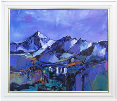 Lot 671 - THE BLACK CUILLIN IN WINTER, AN ACRYLIC BY SHELAGH CAMPBELL