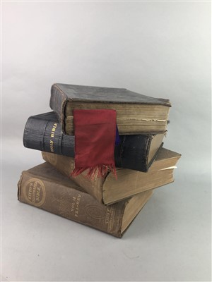 Lot 179 - A LOT OF FIVE VICTORIAN AND LATER BIBLES ALONG WITH A TORAH