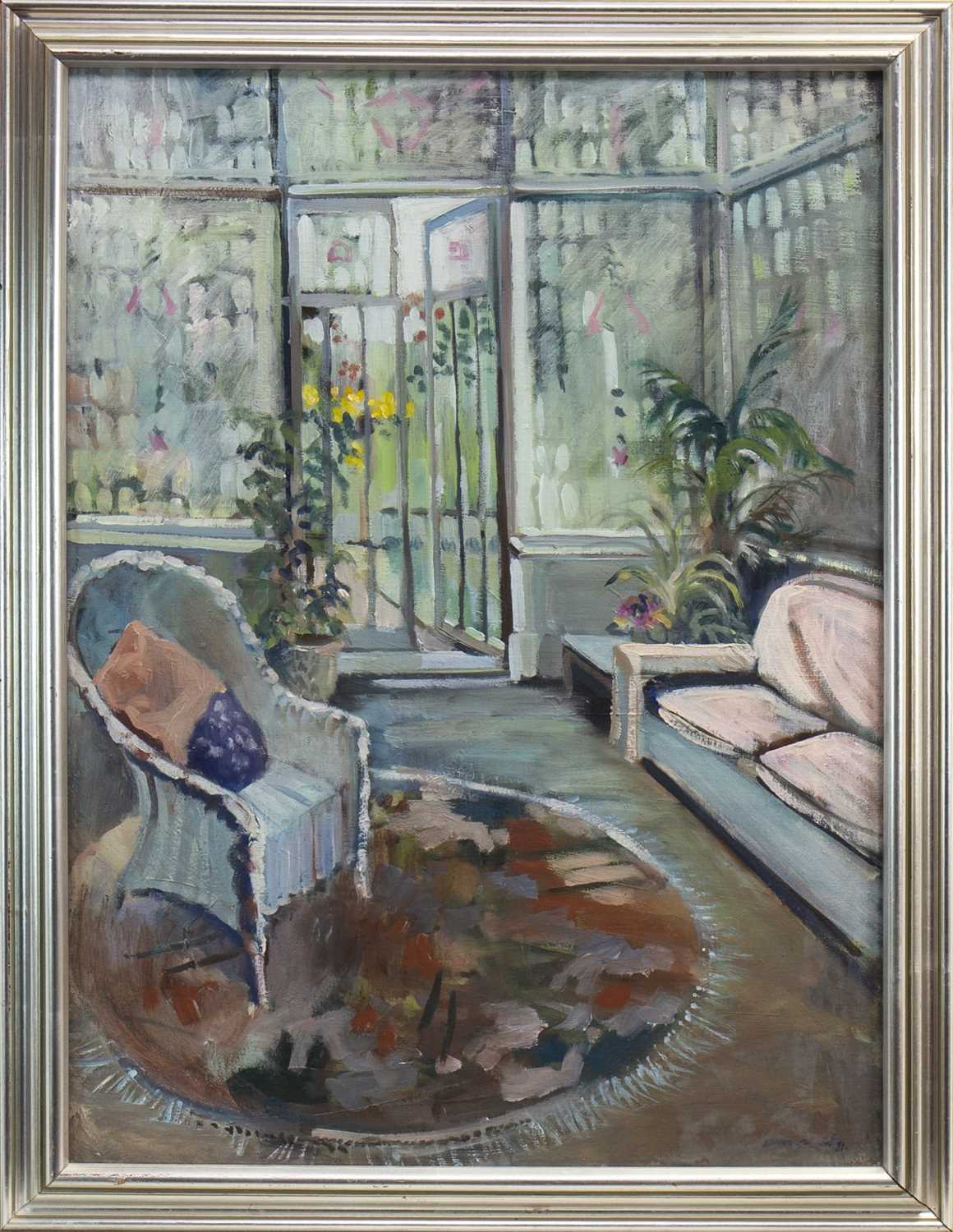 Lot 756 - THE CONSERVATORY, AN OIL BY DOROTHY MCNEIL