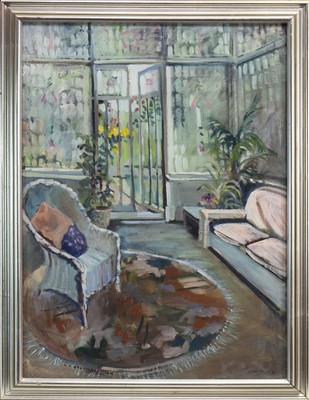 Lot 756 - THE CONSERVATORY, AN OIL BY DOROTHY MCNEIL