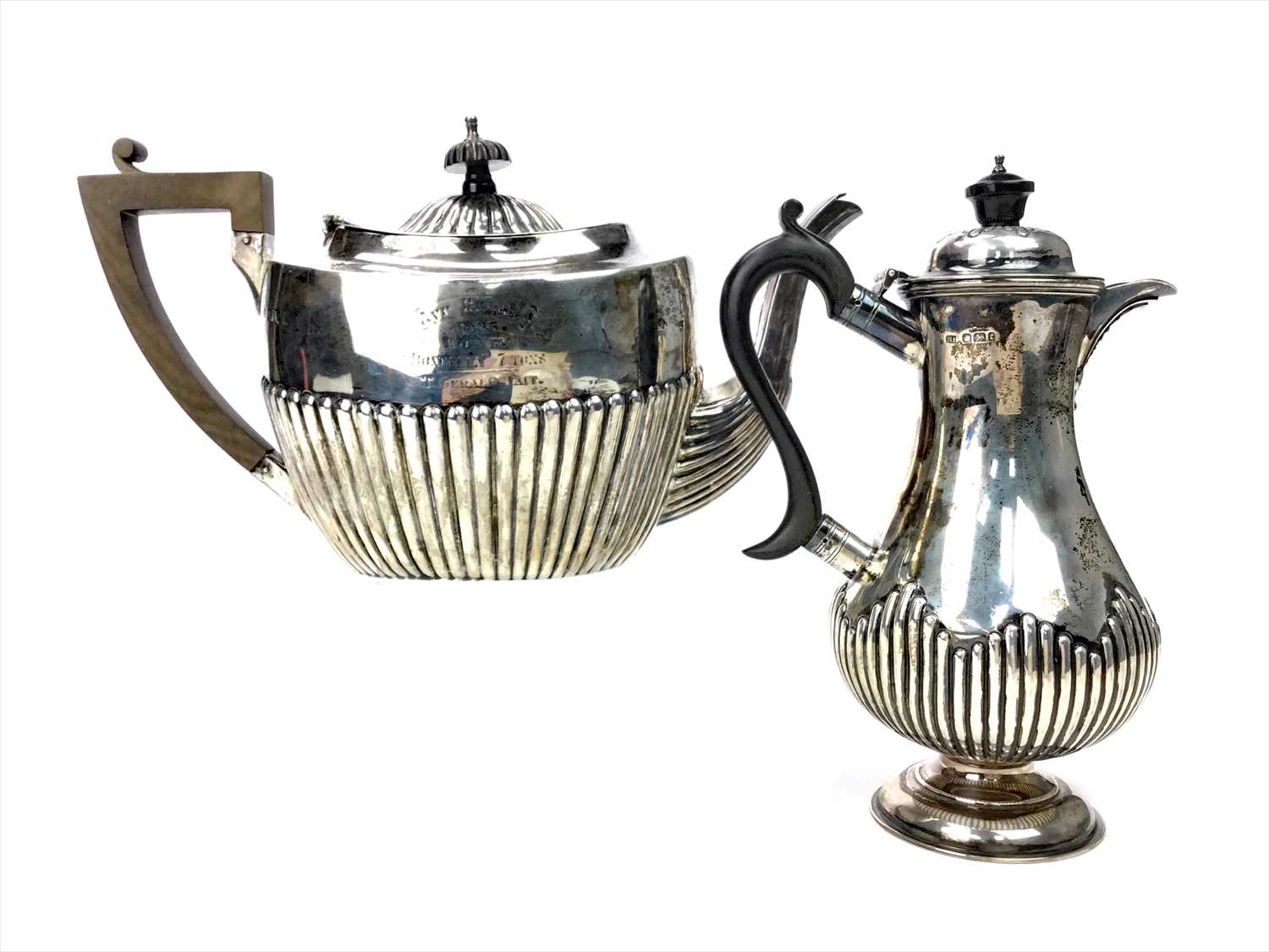 Lot 1714 - EDWARD VII SILVER TEA AND HOT WATER POTS - AWARDED TO THE WINNERS OF THE AYR REGATTA
