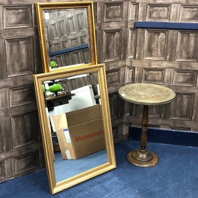 Lot 289 - A BRASS TOPPED OCCASIONAL TABLE AND TWO GILT FRAMED WALL MIRRORS