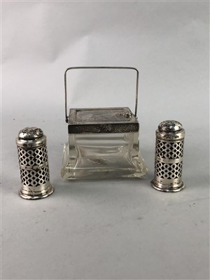 Lot 295 - A SILVER LIDDED ART DECO STYLE SUGAR DISH AND A SALT AND PEPPER