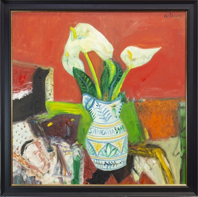 Lot 569 - STILL LIFE WITH LILIES IN A SANGRIA JUG, AN OIL BY JOHN BELLANY
